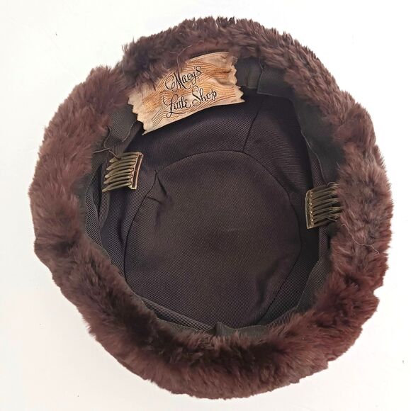 VTG 50s Macys Little Shop Pillbox Hat Brown Sheared Rabbit Fur O/S main image 6